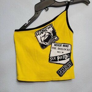 Custom Yellow One-Shoulder Punk Rock Crop Top Ramones Sex Pistols Samhain Patch